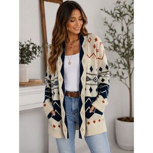 Paper Crane Southwestern Aztec Open Front Cardigan Sweater M Boho Cream Navy N3